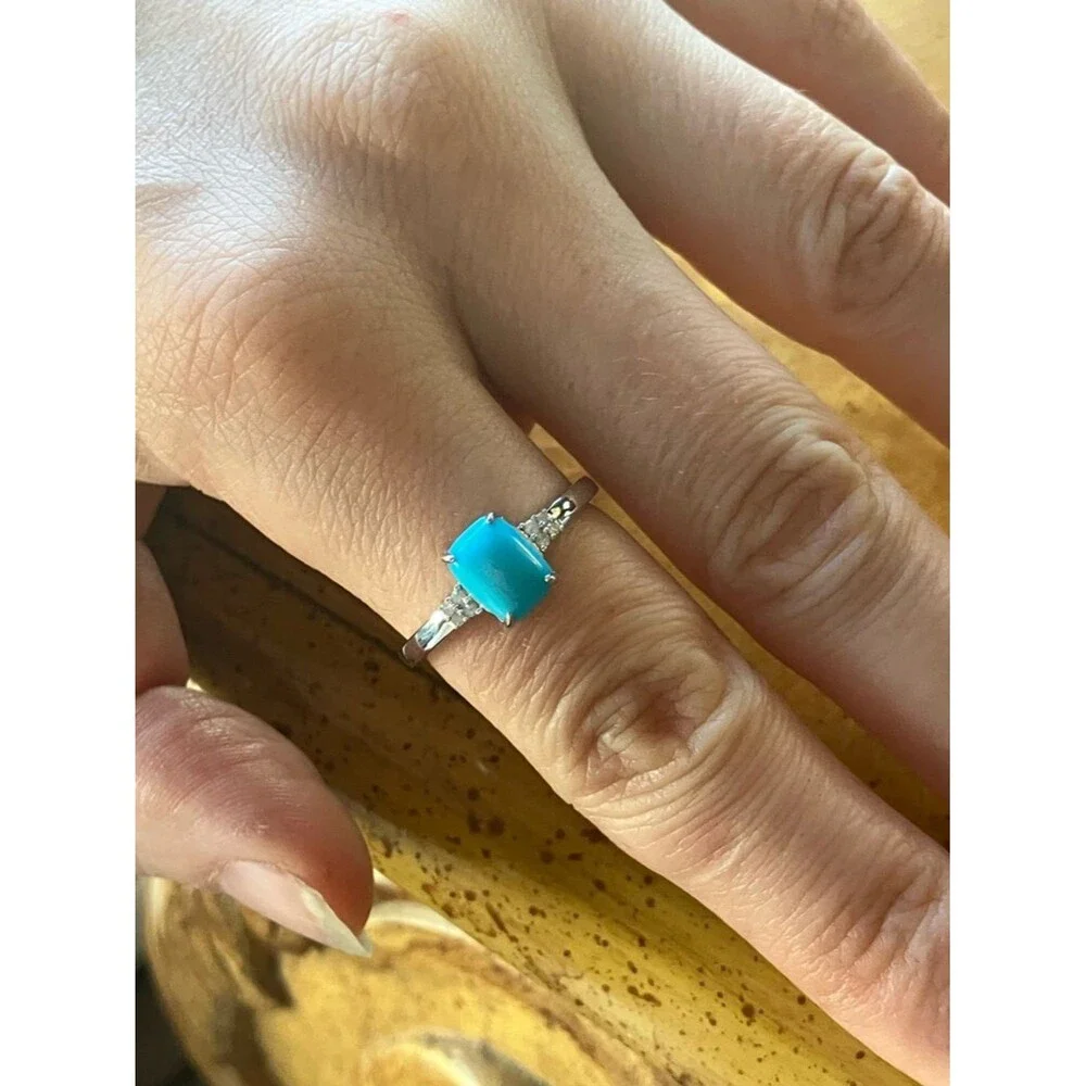Sleeping Beauty Turquoise White Diamond Sterling Silver Ring Size 8.75